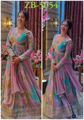 ZB-Series | Embroidered Fox Georgette Party Gown & Dupatta Set Pink